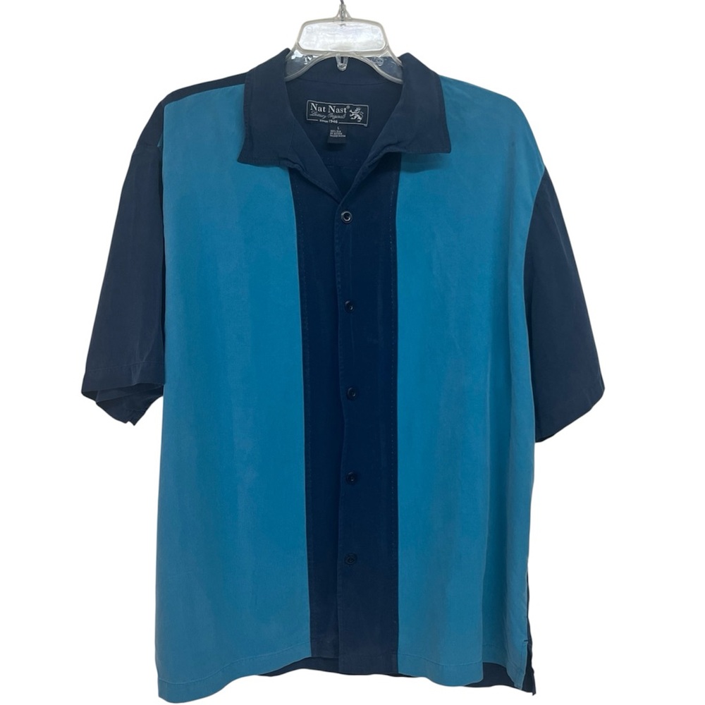Nat Nast S Men Silk Colorblock Bowling Camp Long Sleeve Shirt Rockabilly Retro